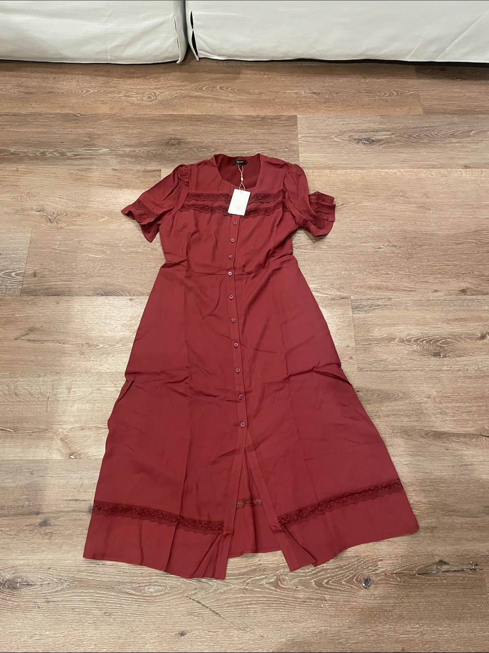 Quince Burgundy Button-Front Maxi Dress with Lace Trim